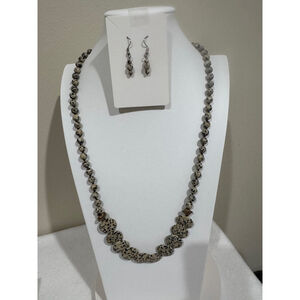 Dalmatian Jasper and gold bead 28” necklace & earrings. Substantial weight. EUC